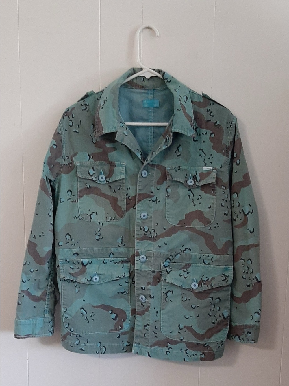 MOTHER Utility Field Jacket in Aqua Green and Brown Camo
